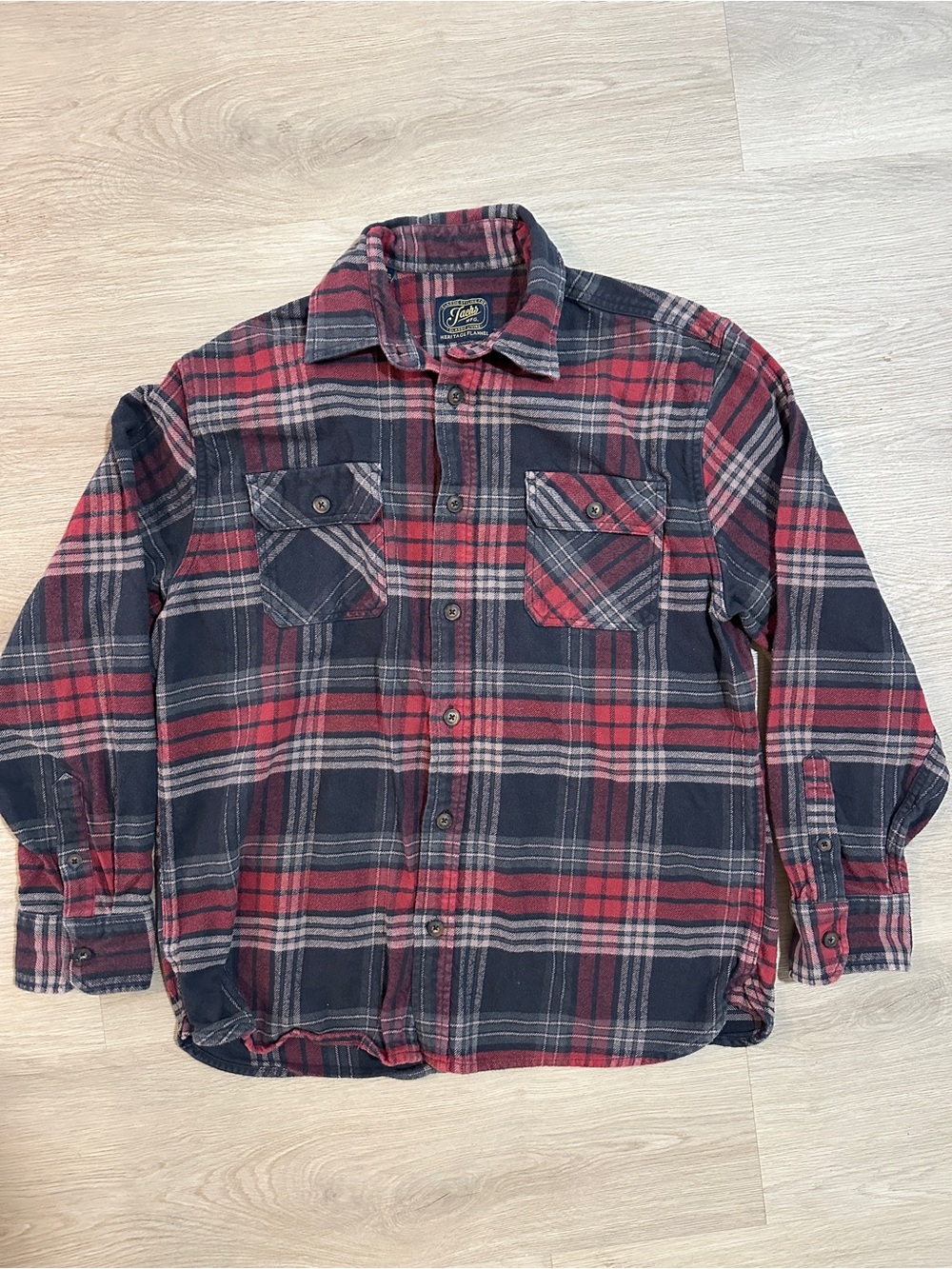 Jachs Navy and Red Plaid Button-Down Flannel Shirt 100% Cotton